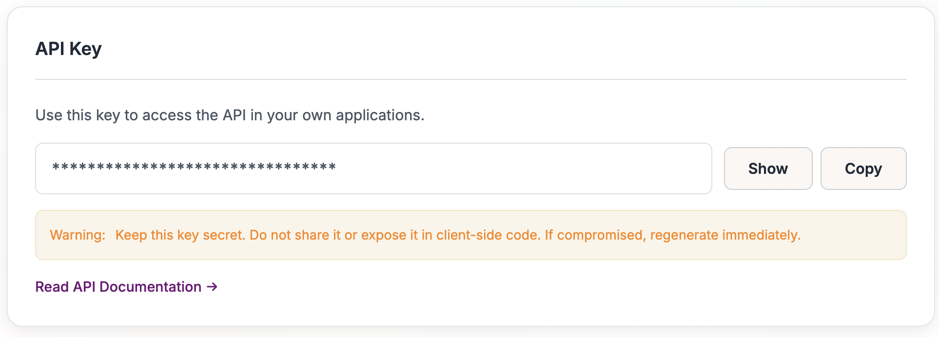 API key section in Settings showing where to find your key