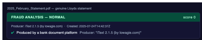 Fraud analysis panel showing a genuine Lloyds statement rated Normal