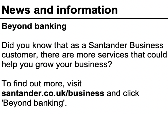 Santander News and information section with marketing content